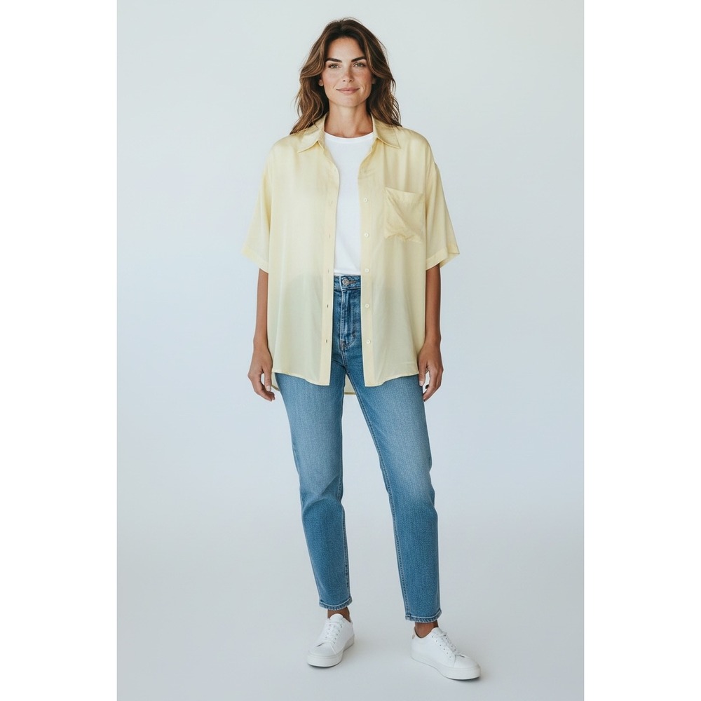 Silks Vintage 100% Silk Oversized Button Up Shirt Pale Yellow Short Sleeve Large
